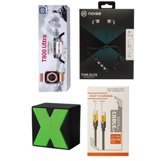 4 In 1 Combo Set , T800 Watch, Noise Neckband, 4 in 1 Charging Cable, X mini Speaker
