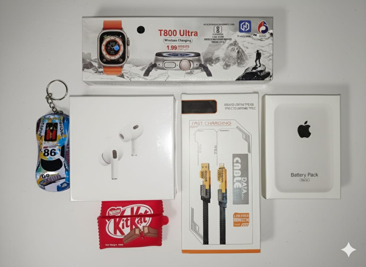 6-in-1 Premium Gadget Combo – T800  Watch, Air Pro 2, 10000Mah Magsafe  4 in 1 Fast Charging Cable, Silicon Cover & Styles Keychain